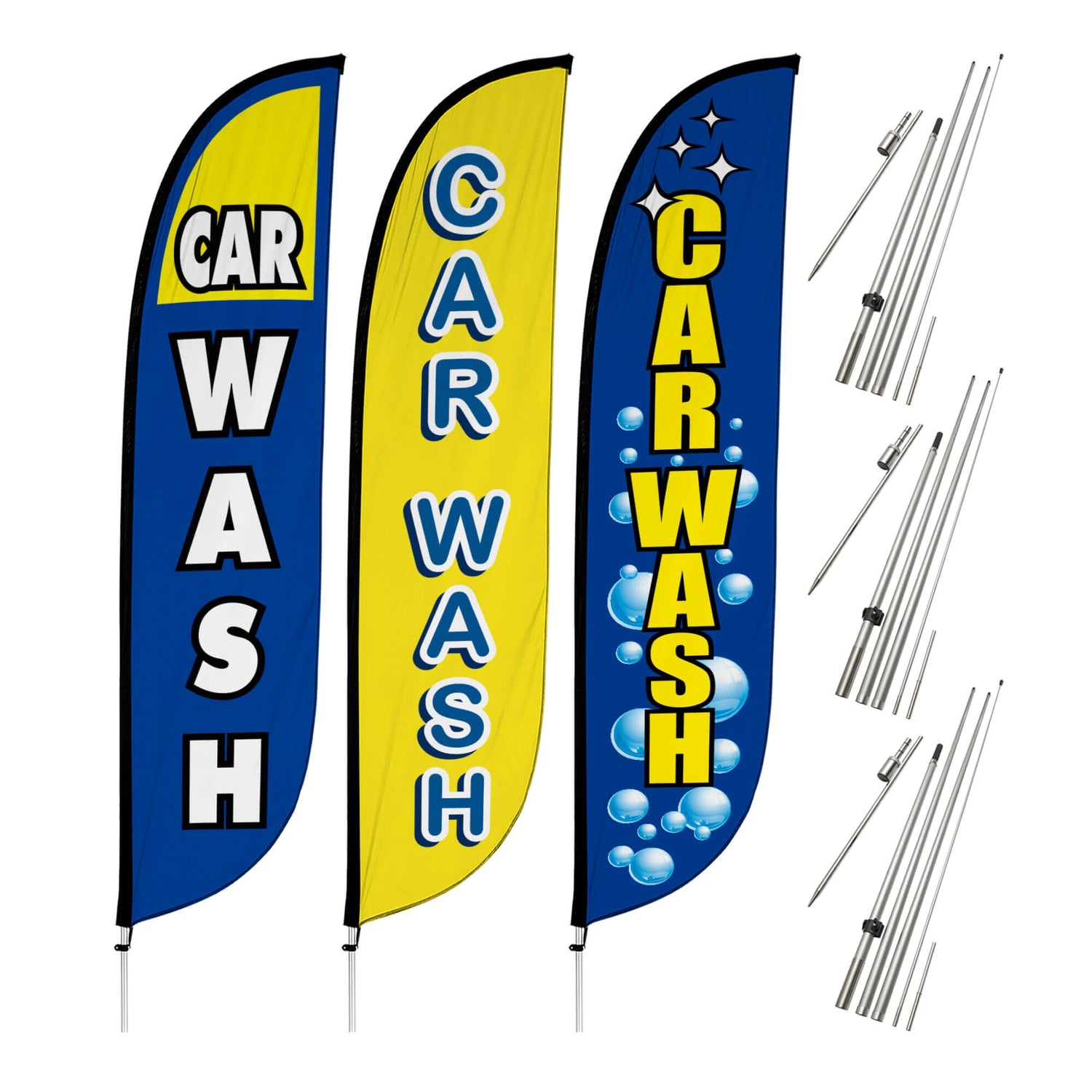 Car Wash Feather Flag - Variety 3 Pack w/ Ground Spike Pole Set 10M1200438x3GSet