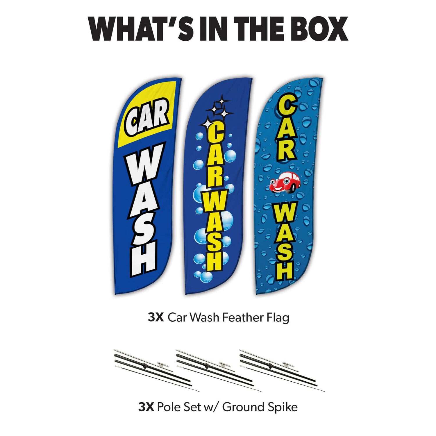 Car Wash Feather Flag - Variety 3 Pack w/ Ground Spike Pole Set 