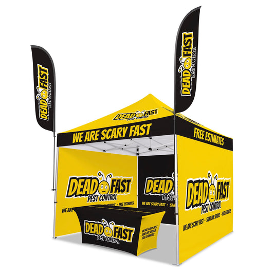 Custom Canopy Tent with Three Back Walls, Feather Flags & Table Cover