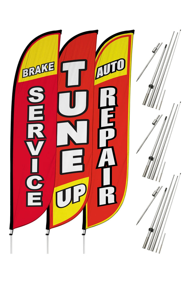 Auto Repair Feather Flag - 3 Pack w/ Ground Spike Pole Set