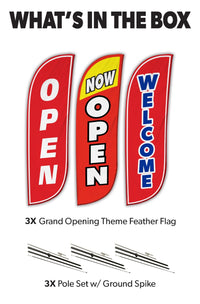 Grand Opening Feather Flag - Variety 3-Pack V2 w/ Ground Spike Pole Set 