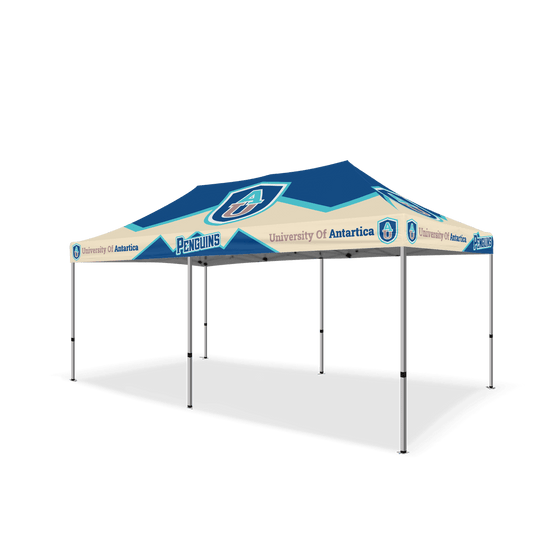 Custom Canopy Tent with Full Back Wall, Half Side Walls & Feather Flags