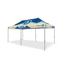 Custom Canopy Tent with Full Back Wall, Half Side Walls & Feather Flags
