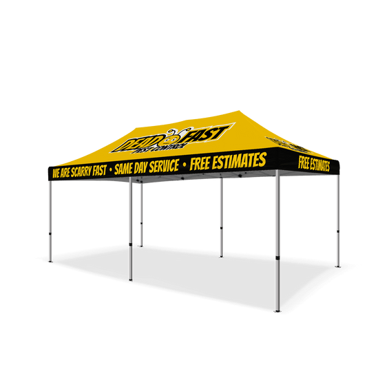 Custom Canopy Tent with Three Back Walls, Feather Flags & Table Cover