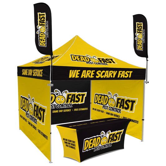 Custom Canopy Tent with Three Back Walls, Feather Flags & Table Cover – LookOurWay