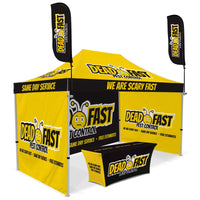 Custom Canopy Tent with Three Back Walls, Feather Flags & Table Cover