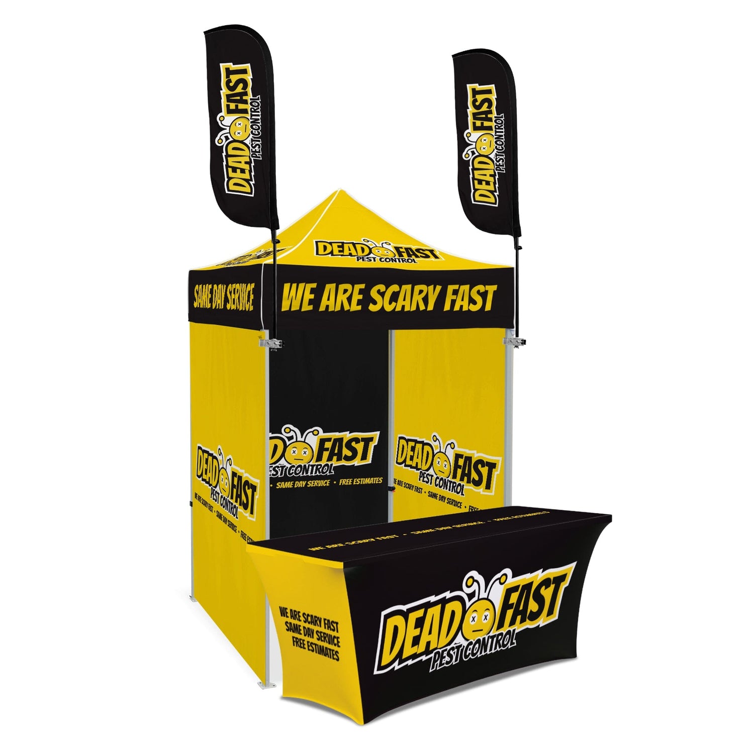 tent boxes for sale Custom Canopy Tent with Three Back Walls, Feather Flags & Table Cover – LookOurWay
