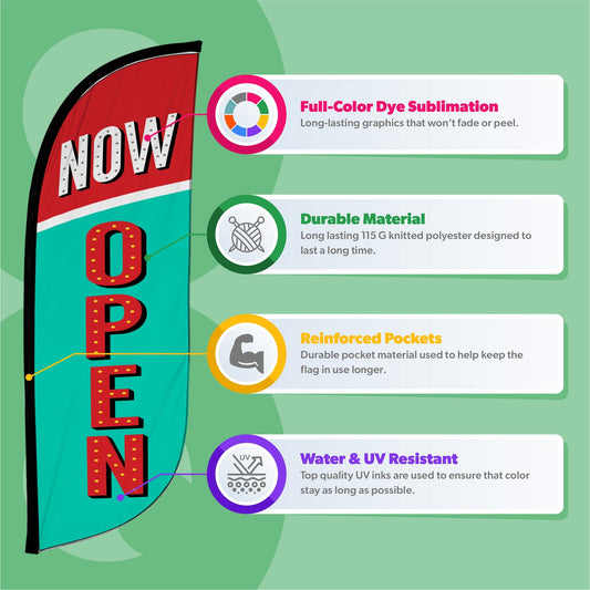 8ft Vintage Now Open Feather Flag