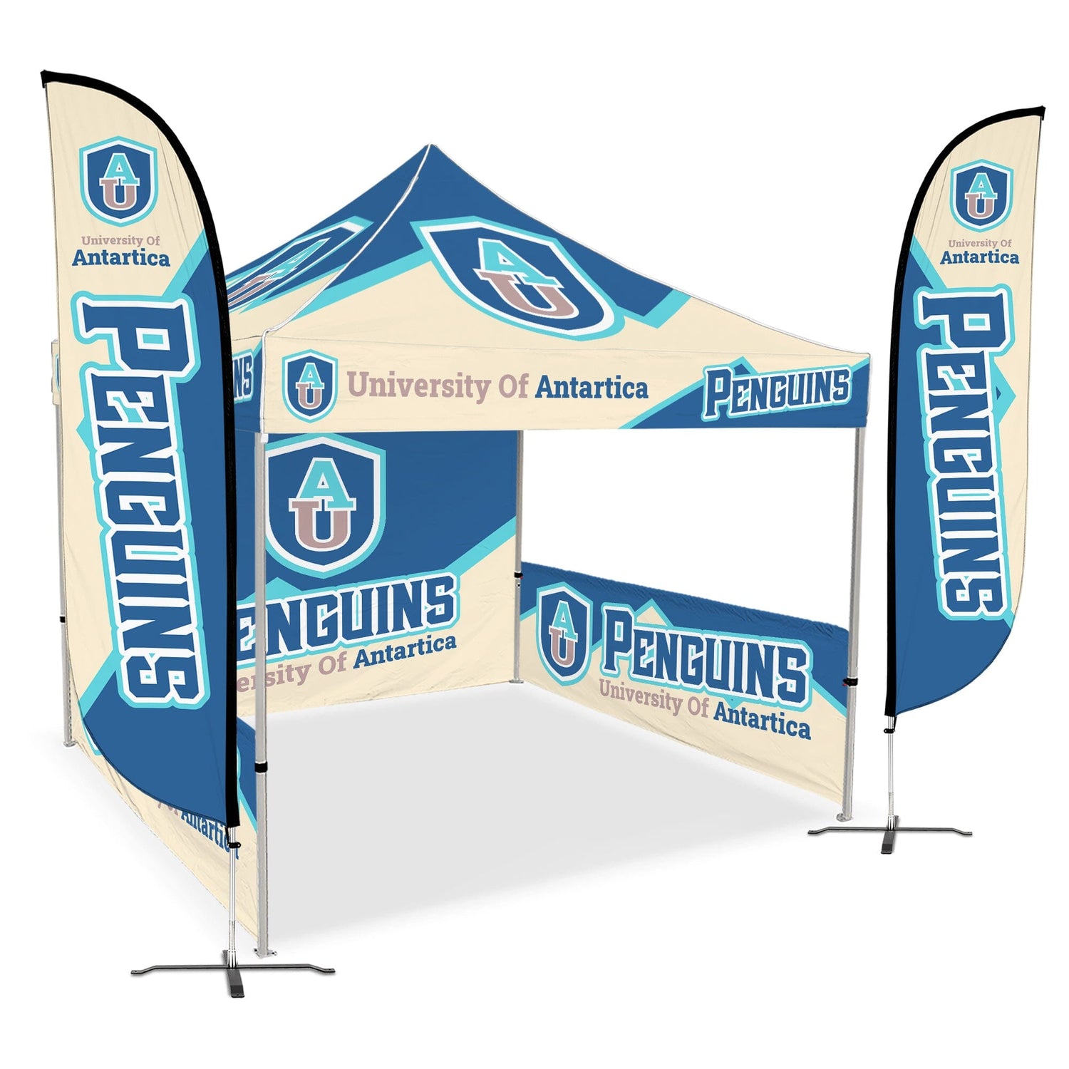 pop up tent with company logo Custom Canopy Tent with Full Back Wall, Half Side Walls & Feather Flags