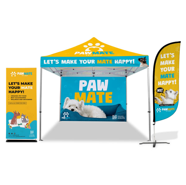 Custom Canopy Tent with Back Wall, Feather Flag & Banner Stand