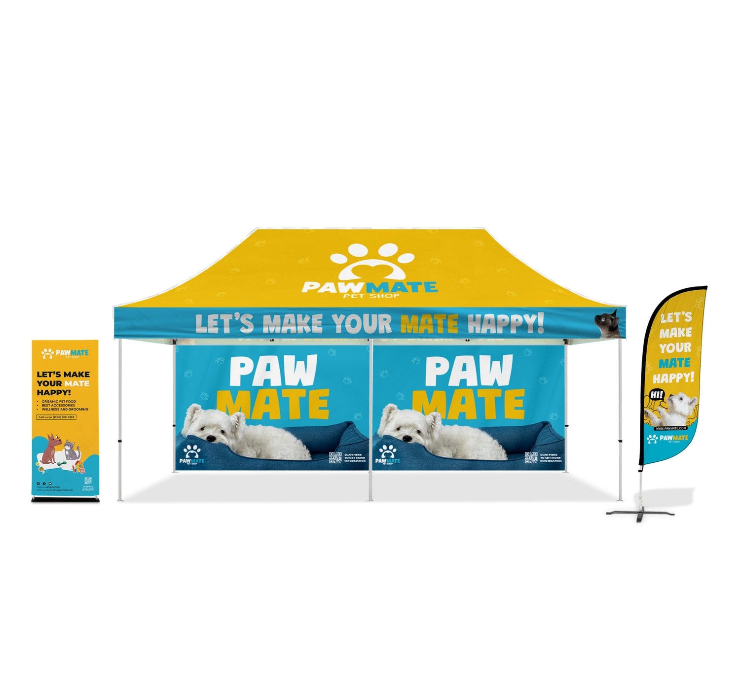 Custom Canopy Tent Package w/ Back Wall, Feather Flag & Banner Stand