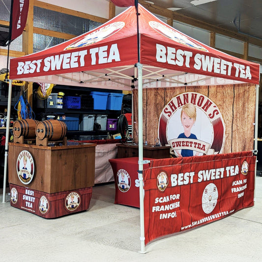 Custom Canopy Tent with Full Back, Half Side Walls, Feather Flags & Table Cover