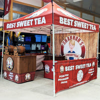 Custom Canopy Tent with Full Back, Half Side Walls, Feather Flags & Table Cover