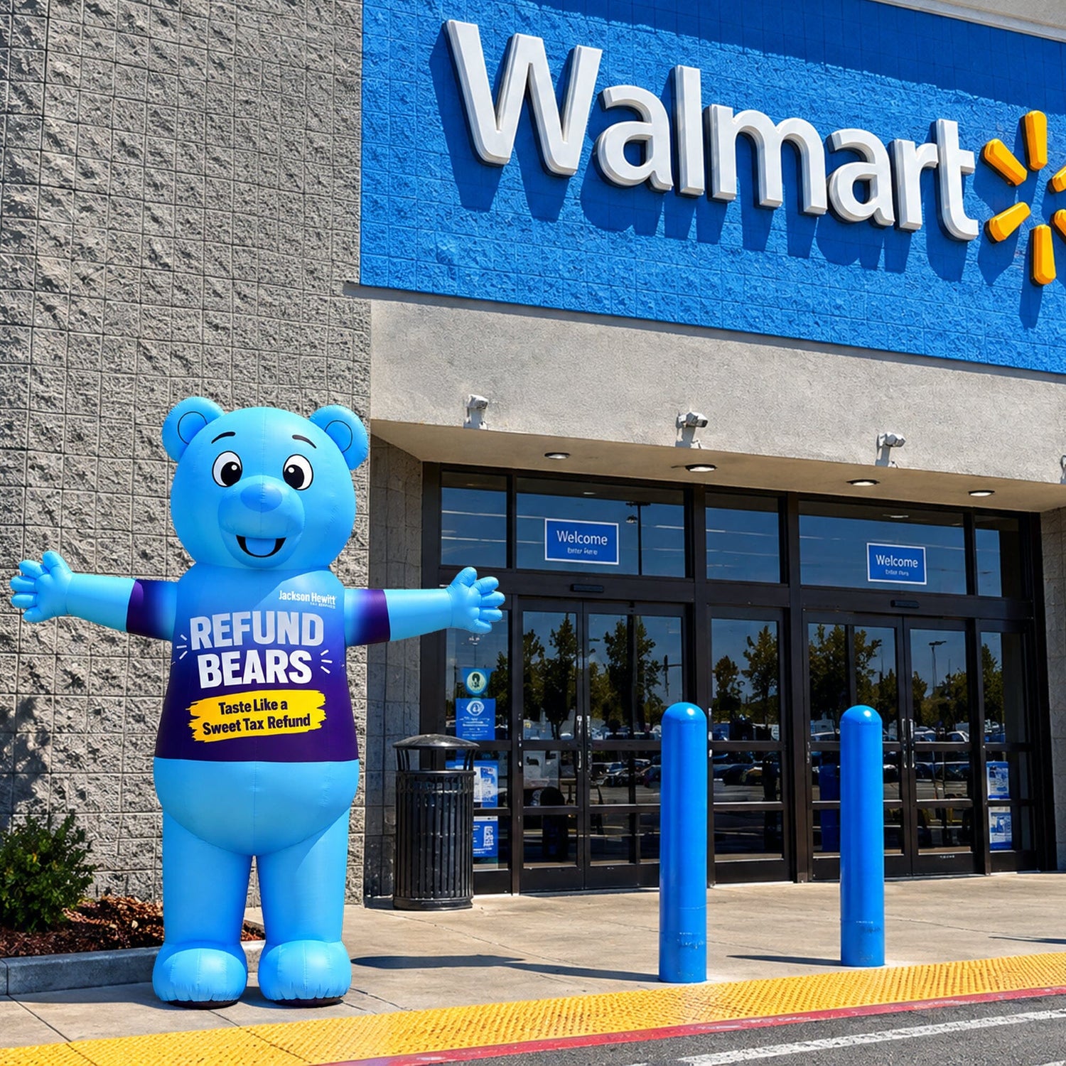 Blue Refund Bear giant inflatable set up outside a retail storefront