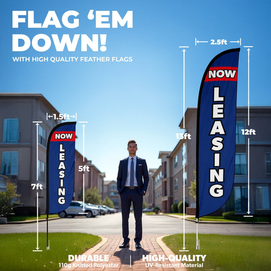 Now Leasing Feather Flag Blue & Red