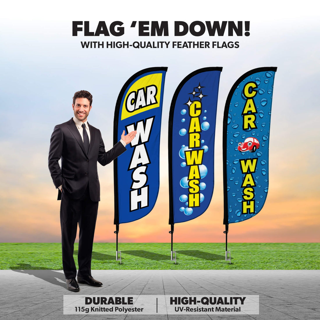 Car Wash Feather Flag - Variety 3 Pack w/ Ground Spike Pole Set ...