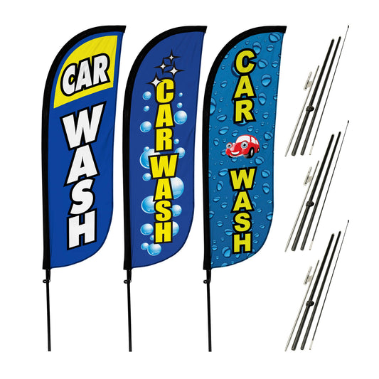 Car Wash Feather Flag - Variety 3 Pack w/ Ground Spike Pole Set
