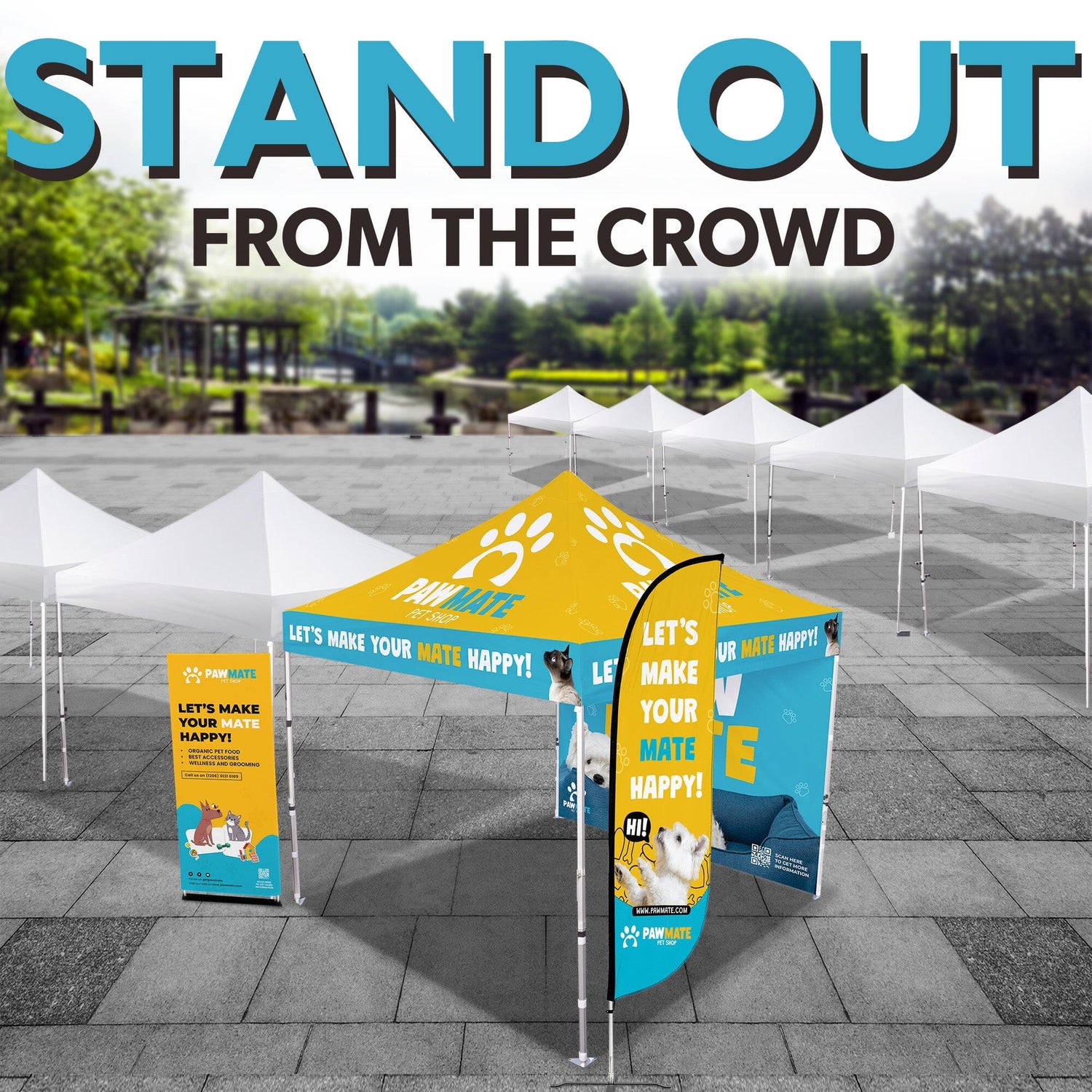 outdoor pop up tents Custom Canopy Tent Package w/ Back Wall, Feather Flag & Banner Stand