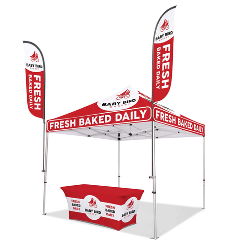 Custom Canopy Tent with Feather Flags & Table Cover