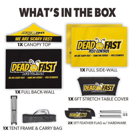 Custom Canopy Tent with Three Back Walls, Feather Flags & Table Cover