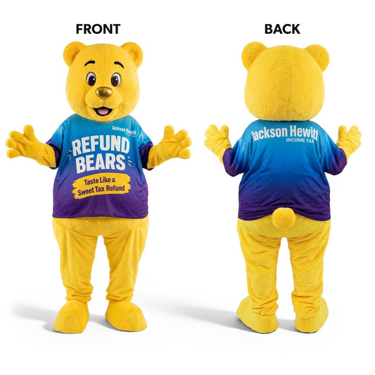 Jackson Hewitt Refund Bear inflatable mascot costume in yellow