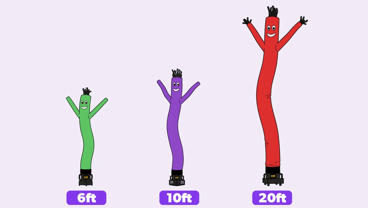 6ft, 10ft and 20ft Standard Air Dancers side by side
