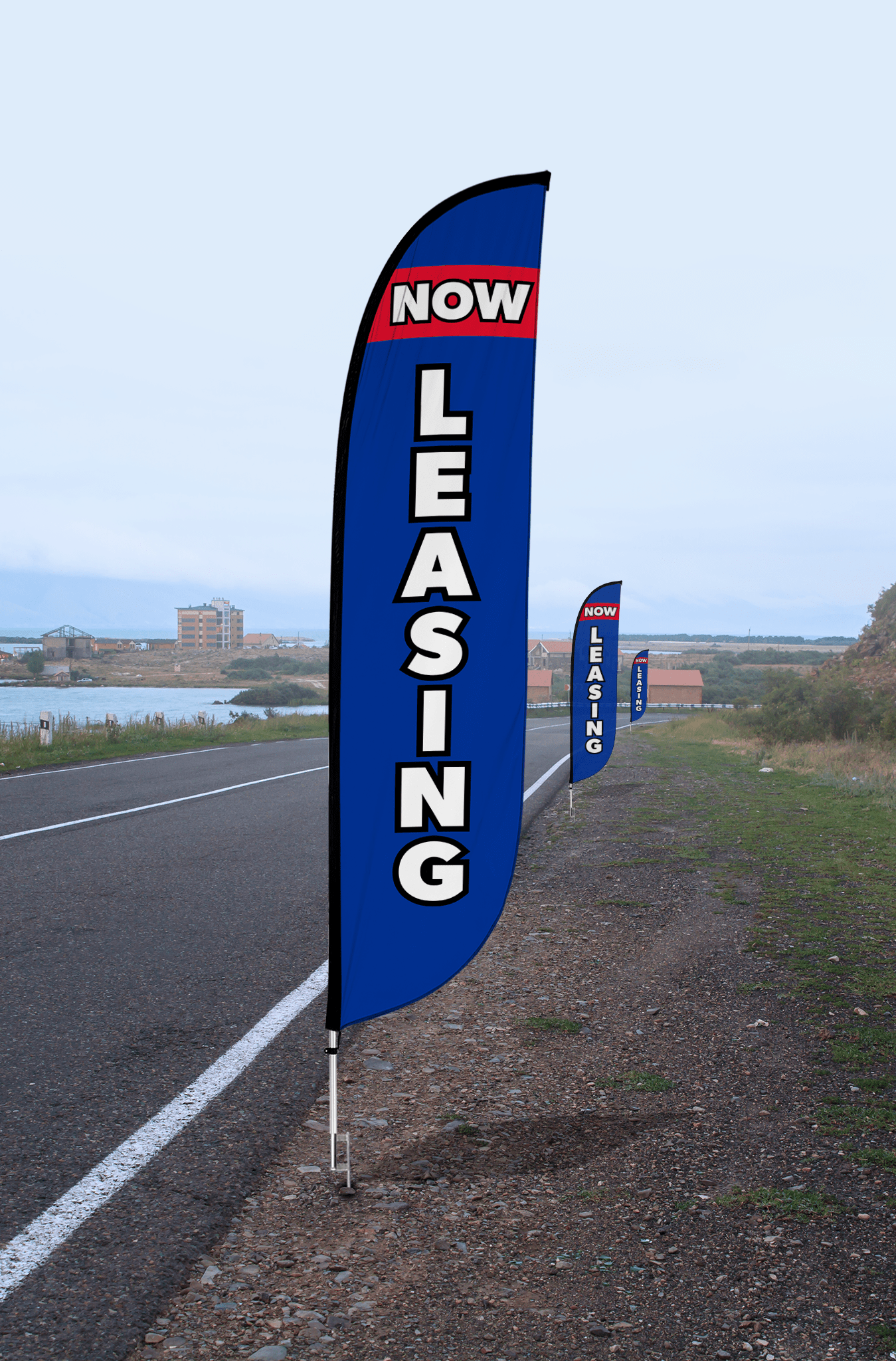 Now Leasing Feather Flag Blue & Red 
