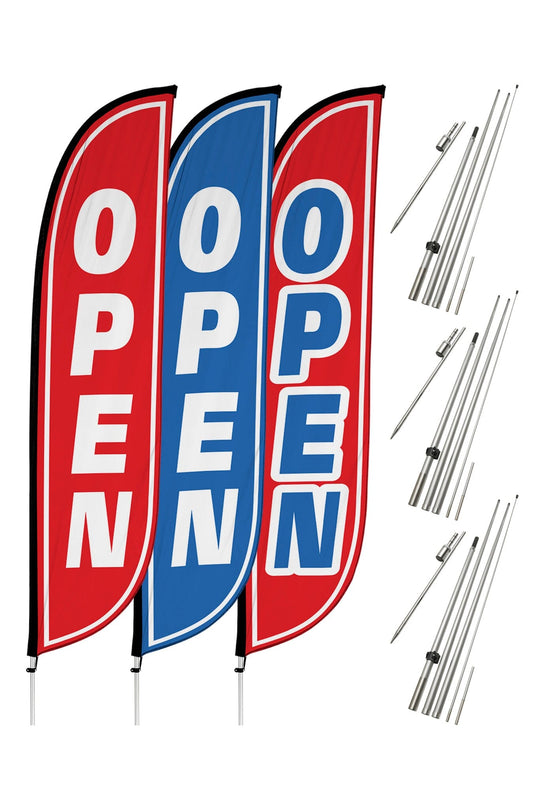 Open Feather Flag - Variety 3 Pack w/ Ground Spike Pole Set 