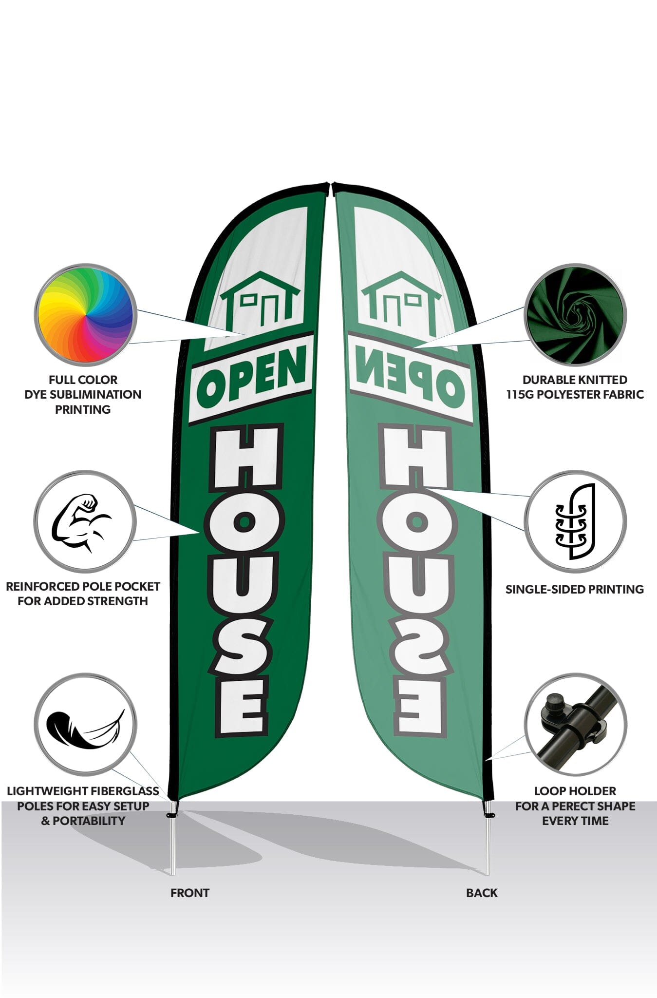 Open House Feather Flag - 4 Pack w/ Ground Spike Pole Set 